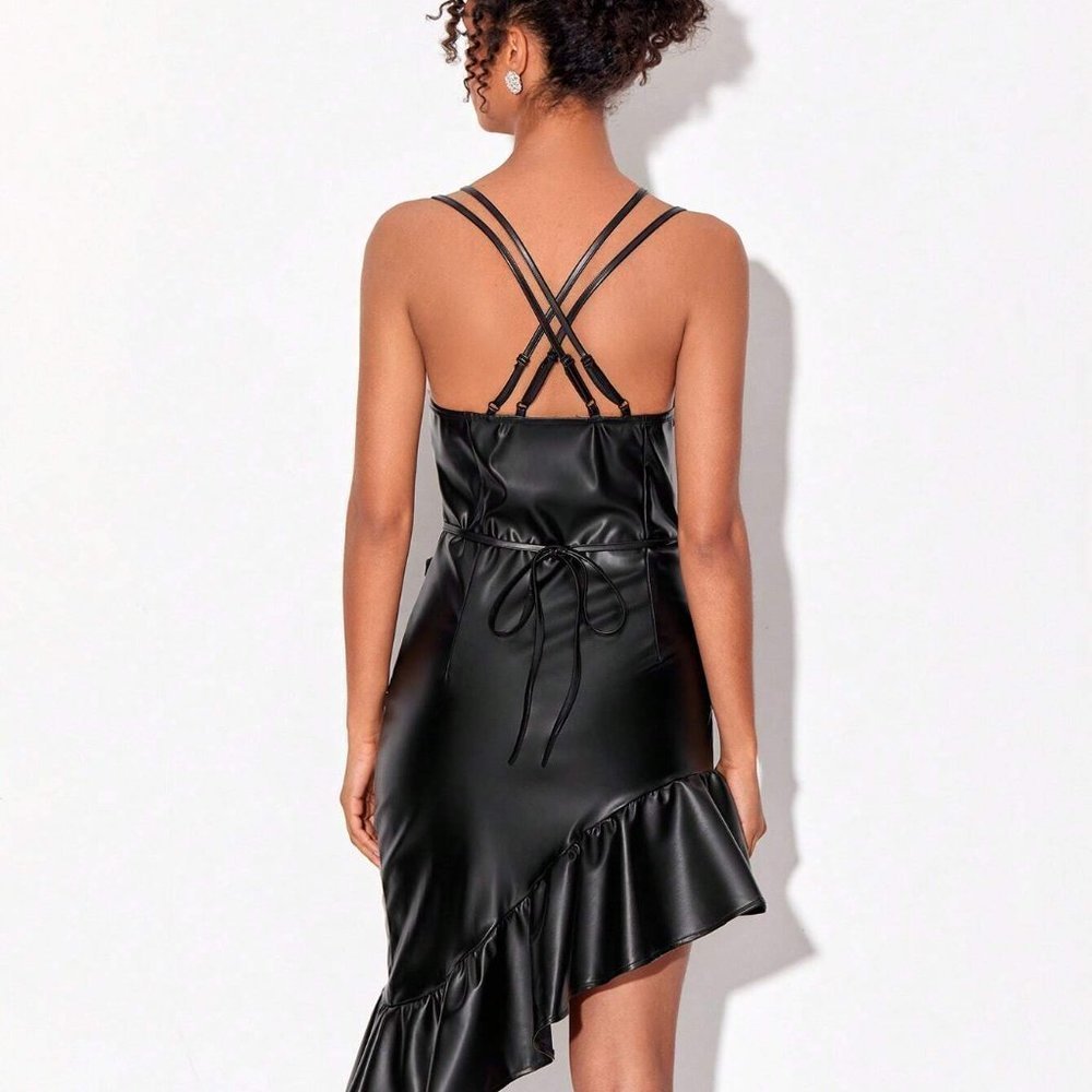 Cut Out Ruffle Hem PU Leather Cami Dress Black - Picture 4 of 5